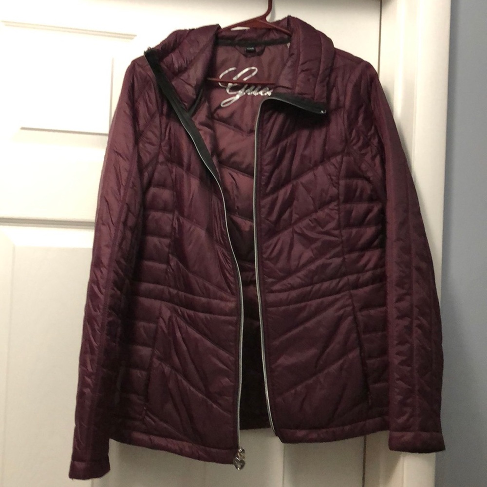Wine colored puffer cost by Guess